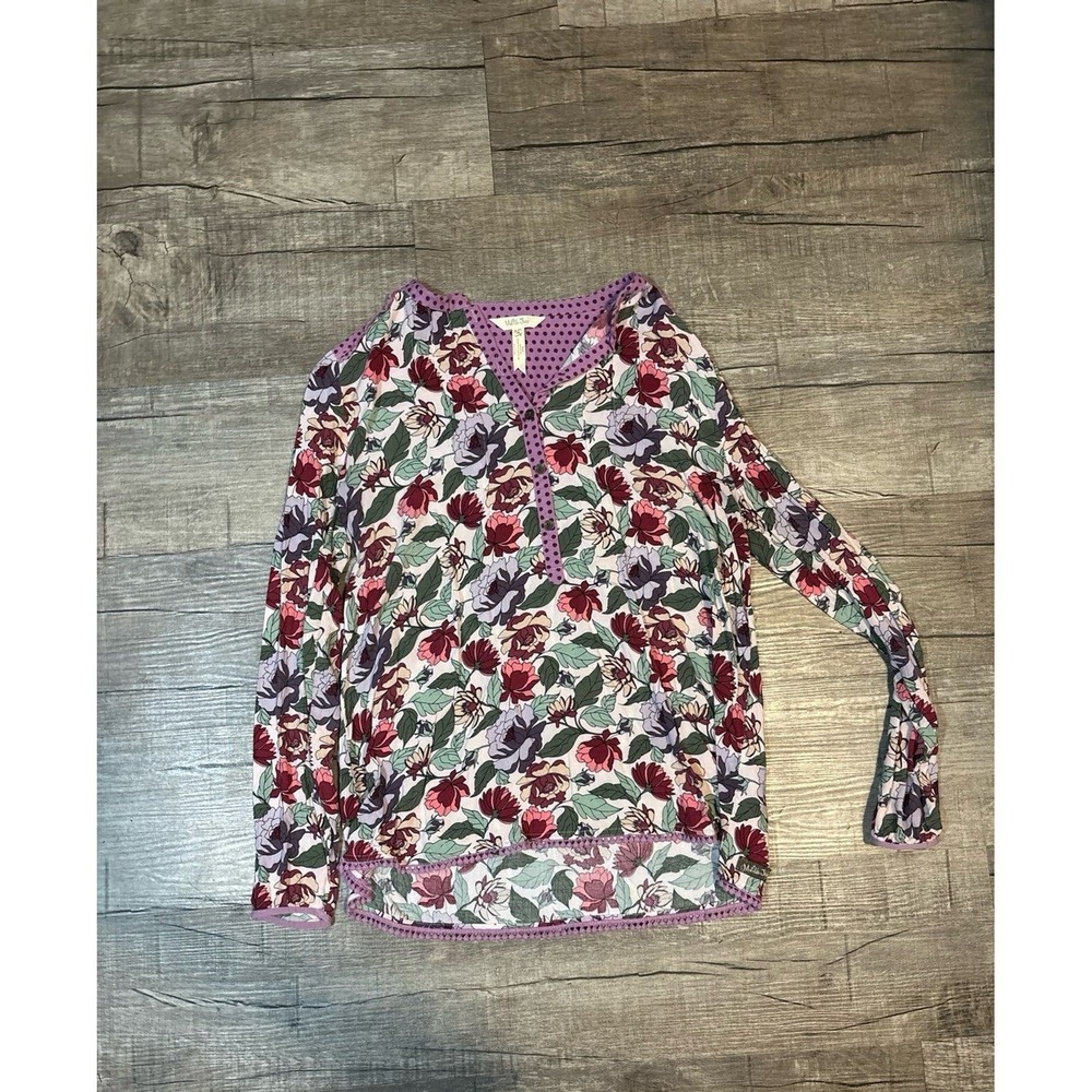 Matilda Jane Womens Floral Polka Dot Henley Top Purple Pink Long Sleeve Size M